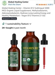 Global Healing Center – Vitamin B12 Sublingual 5000 MCG Organic Liquid 1 Oz