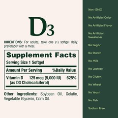 Nature’s Bounty Vitamin D3 5000 IU Softgels, Rapid Release,Immune Support, 150 C