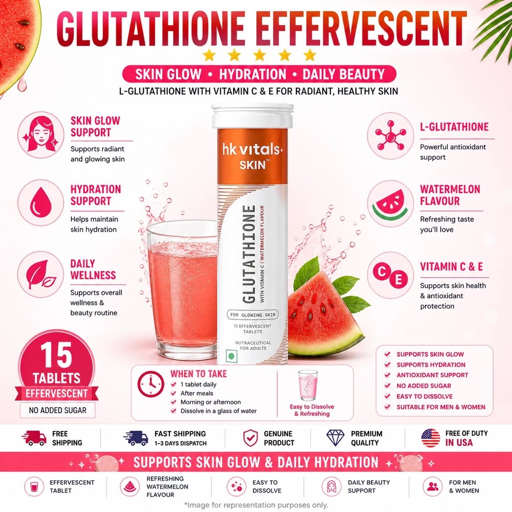 HK Vitals Glutathione Effervescent Watermelon Vit C E Skin Glow 15 Ct