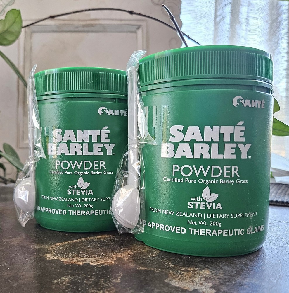 (2) Santé Barley Powder Certified Organic 200g each Canister W/Stevia Exp 10/27
