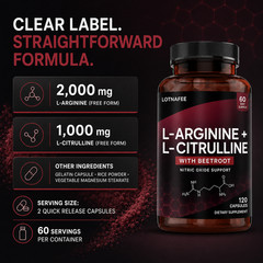 L-Arginine and L-Citrulline 3000mg Nitric Oxide Support, 120 Capsules, 60-Day Su