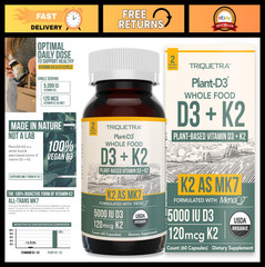 Organic D3 + K2 Supplement | 5000 IU Vitamin D3 & 120 mcg K2 | Vegan, Raw, Whole