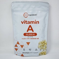 Micro Ingredients Vitamin A, 25000 IU with Coconut Oil, 500 Softgels Exp 06/2027