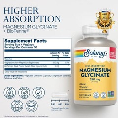 10/28 SOLARAY Magnesium Glycinate Capsules, Chelated Magnesium Bisglycinate w/Bi