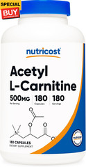 Acetyl L-Carnitine (ALCAR) 500mg, 180 Capsules, 180 Servings – Non-GMO and Glute