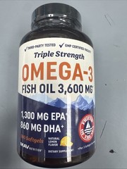 Triple-Strength Omega 3 Fish Oil 3600mg 180 Softgels EPA DHA Lemon EXP 8/2027