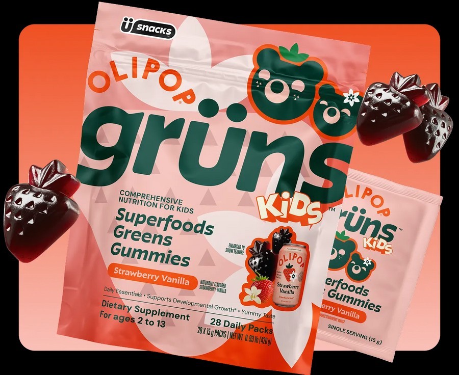 Gruns Olipop Strawberry Vanilla Superfoods Greens Gummies for Kids 28 Packs NEW