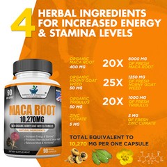 Maca Root Capsules Organic 10270mg with Tribulus, Horny Goat Weed, Zinc – 90Caps