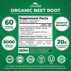 USDA Organic Beet Root 8000 mg Strength 20:1 Extract, 60 Vegan Capsules, Kosher