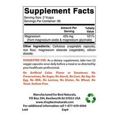 3 Pack Best Naturals Magensium Glycinate 425 mg 180 Veggie Capsules
