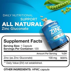 High-Absorption Zinc Gluconate 100mg Capsules – 120 Vegetarian Supplements