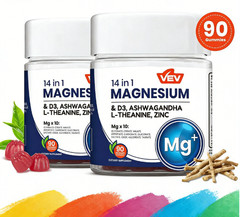VEV 14-in-1 Magnesium Gummies – 10 Mg Types + D3, Ashwagandha – 90 Ct (2-Pack)