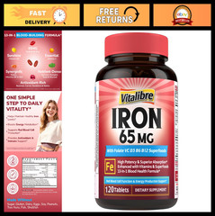 Iron Supplement for Men & Women, 65mg Ferrous Sulfate, Vitamins C, D3, B6, B12,