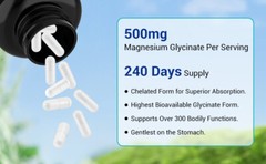 Magnesium Glycinate 500mg – 240 Capsules For Sleep, Stress Relief Support Bone