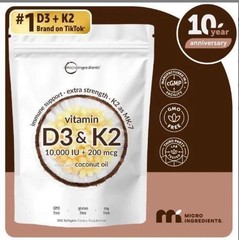 Vitamin D3 10000IU K2 MK-7 200mcg Virgin Coconut Oil Softgel Capsules 300Count