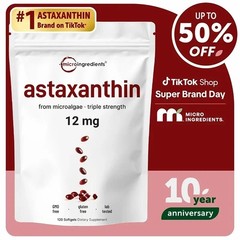 NEW Micro Ingredients Astaxanthin 12mg, 120 softgels, tanning pills, Strength-