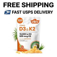 VEV 300 Softgels Vitamin D3 K2–10000 IU,2-in-1 with Coconut Oil for Bone & Heart