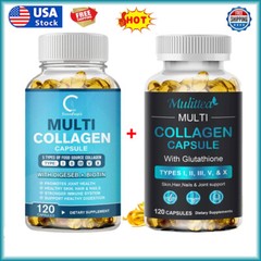 2xMulti Collagen Peptides 120 Capsules-Type I,II,III,V,X Anti-Aging Collagen Cap
