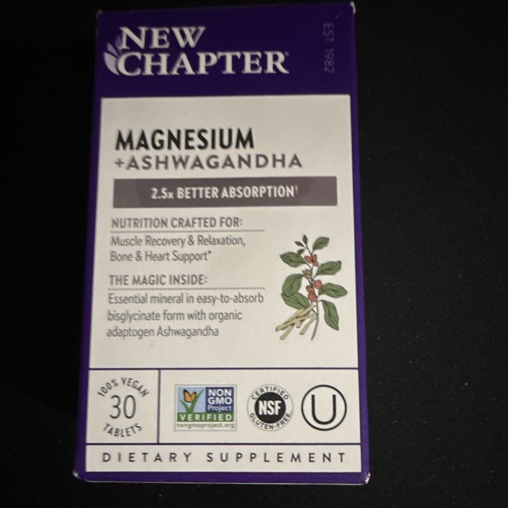 New Chapter Magnesium + Organic Ashwagandha 225mg 30 Tablets Vegan Non-GMO