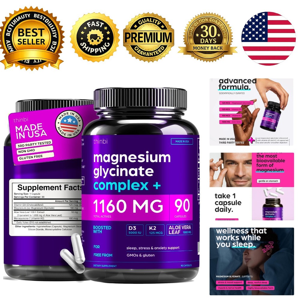 Magnesium Glycinate 1160mg D3 K2 Aloe Vera Complex 90 Capsules Non-Laxative