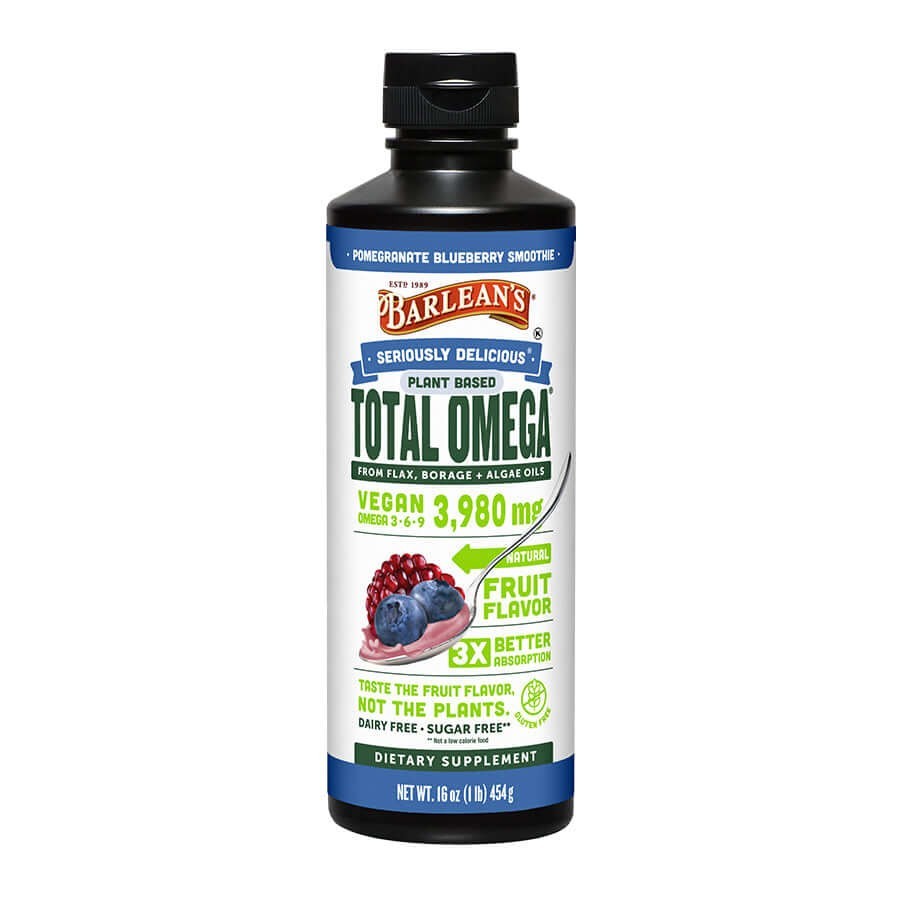 barlean’s seriously delicious total omega 16oz pomegranate blueberry smoothie