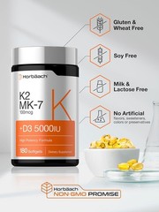 Horbäach Vitamin D3 K2 5000 iu | 100mcg MK-7 Complex | 180 Softgel Capsules | No