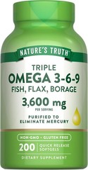 Triple OMEGA 3-6-9 3600 mg with Fish, Flax, Borage 200 Softgels, exp 10/ 2026