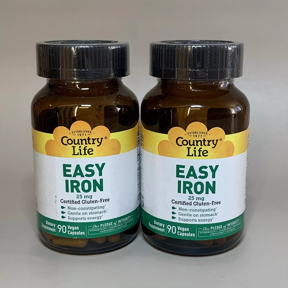 Lot of 2 Country Life Easy Iron 25 mg, 90 Vegan Capsules per bottle (180 total)