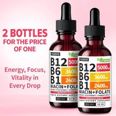 (2-PACK) Vitamin B12 Liquid Supplement Drops with B6, B1, Niacin & Folate – Edib