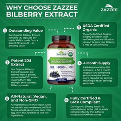 Zazzee USDA Organic Bilberry 20:1 Extract, 6000 mg Strength, 120 Vegan Capsules