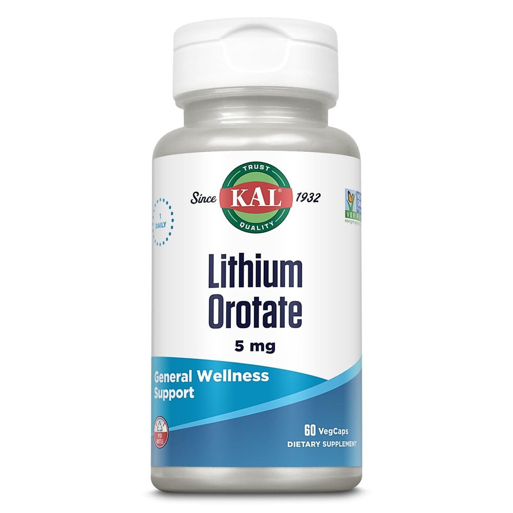 KAL Lithium Orotate 5mg 60 VegCaps Bioavailable Mineral Supplement Support
