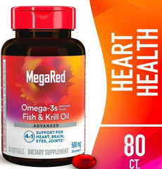 MegaRed Advanced 4-in-1 Omega-3 500mg 80 Softgels | Fish & Krill Oil for Heart,
