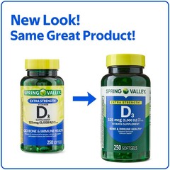 Spring Valley Extra Strength Vitamin D3 Softgels, 125 mcg (5000 IU), 250 Count