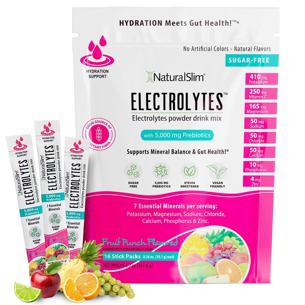 NaturalSlim Electrolyte Powder Packets Sugar Free Hydration Drink, Fruit Punch