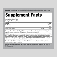 Iron Ferrous Sulfate 65 mg | 250 Tablets | Non-GMO | By Piping Rock