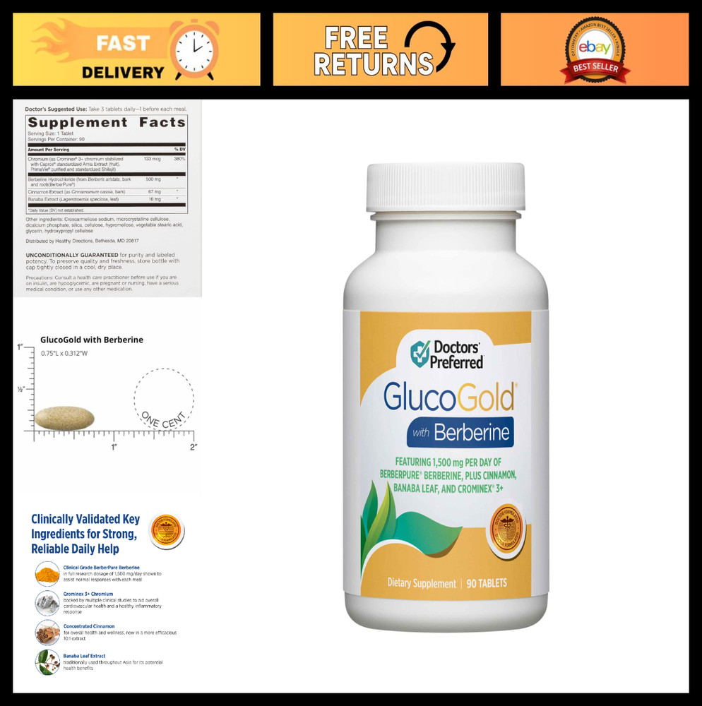GlucoGold with Berberine, Cinnamon, Chromium & Banaba Leaf Extract – 90 Tablets