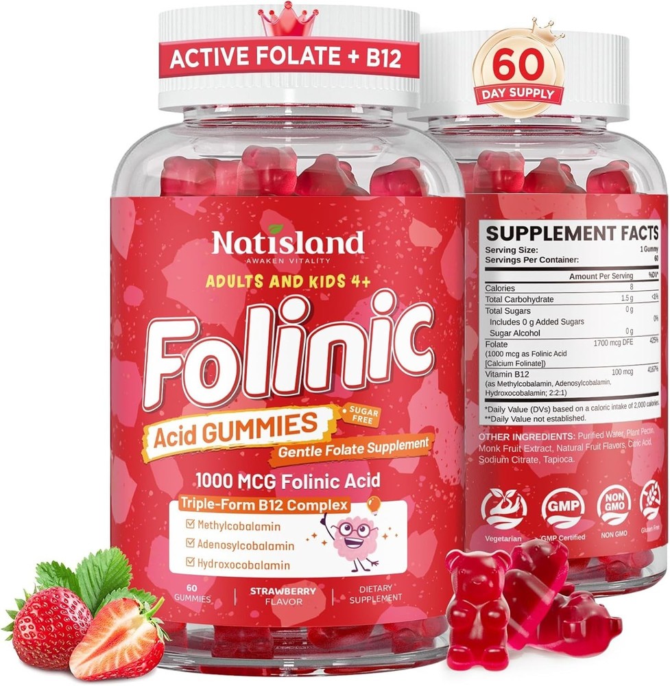 Folinic Acid Gummies for Kids & Adults, 1000 mcg Folate with Triple-Active B12..