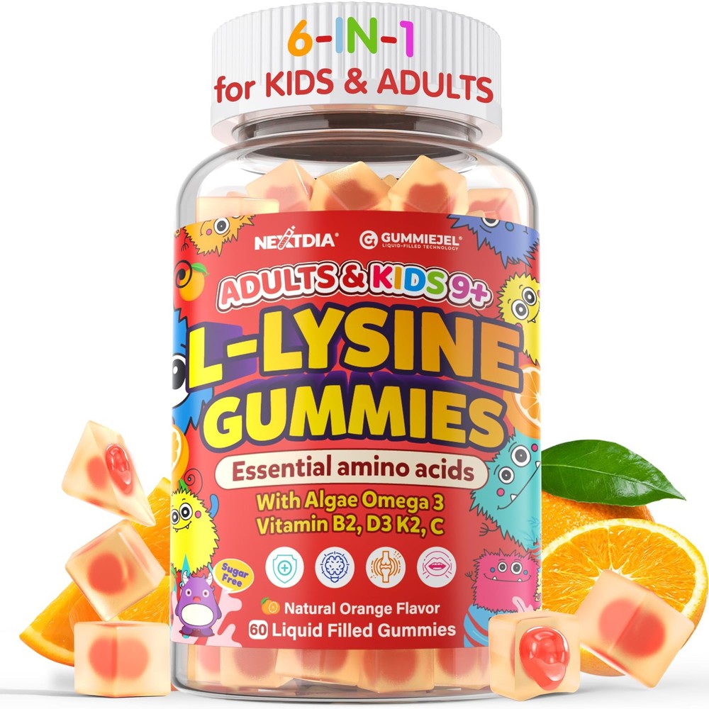 L-Lysine Gummies 500/1000mg with Algae Omega 3 Vitamin B2 D3 K2 C for Kids 9+…