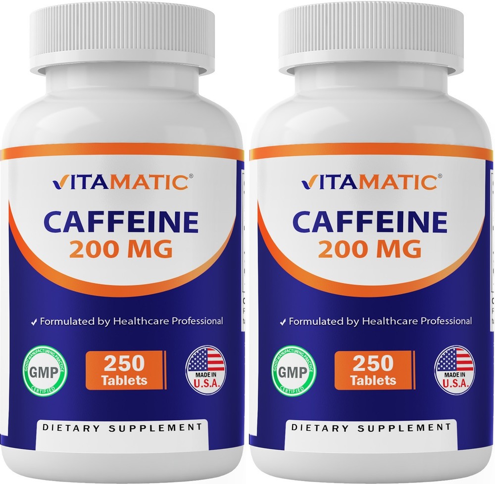 Vitamatic Caffeine Pills 200mg per Serving – 250 Vegetarian Tablets- 2 Pack
