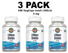 Lithium Orotate, 5 mg, 3 PACK, 180 VegCaps each (540 total!) by KAL