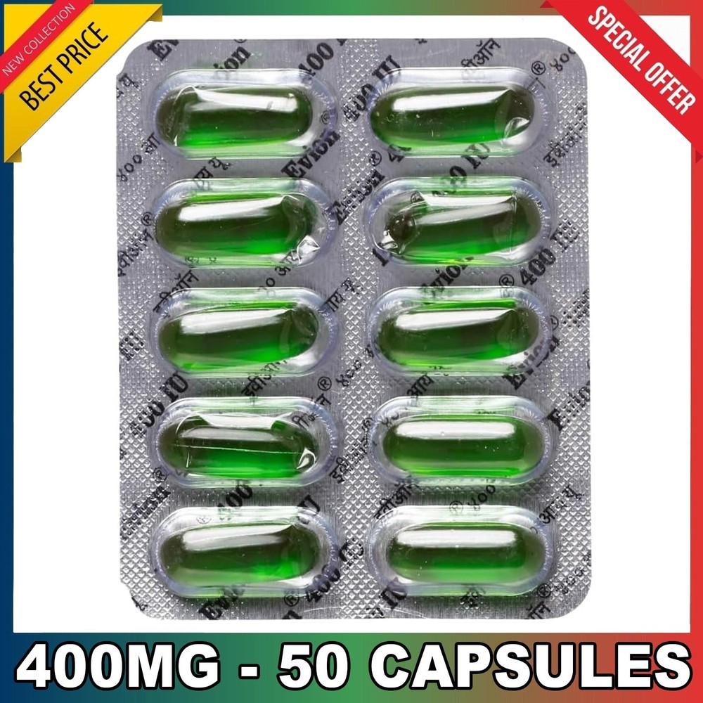 50 Evion Capsules Vitamin E For Glowing Face,Strong Hair,Acne,Nails, Skin 400mg