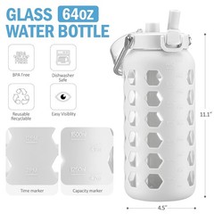 MUKOKO 64oz Glass Water Bottles with Straw and Lid,Half 64 Ounces, White