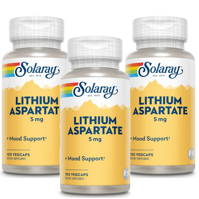 Solaray Lithium Aspartate (5 mg) 100 Vegetarian Capsules Each (Pack of 3)