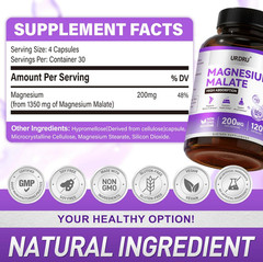 1350mg Magnesium Malate 200mg Elemental High Absorption 120 Capsules Non-GMO Veg