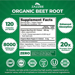 USDA Organic Beet Root 8000 mg Strength 20:1 Extract, 120 Vegan Capsules, Kosher