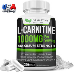 L-Carnitine Supplement Capsules 1000mg 200 Count Easy-to-Swallow