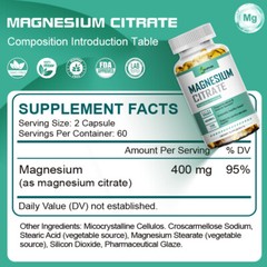 120Pcs Magnesium Citrate 400mg Capsules Super Strong Effective Vegan Capsules