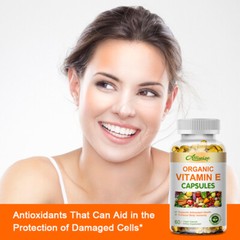 Organic Vitamin E Capsules Supplement for Hair Skin Nail Face Eye Health Vegan