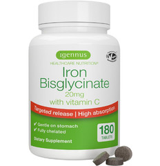 Igennus Clean Iron Bisglycinate 20mg, Vitamin C, 6 Month Supply, Gentle Chelated