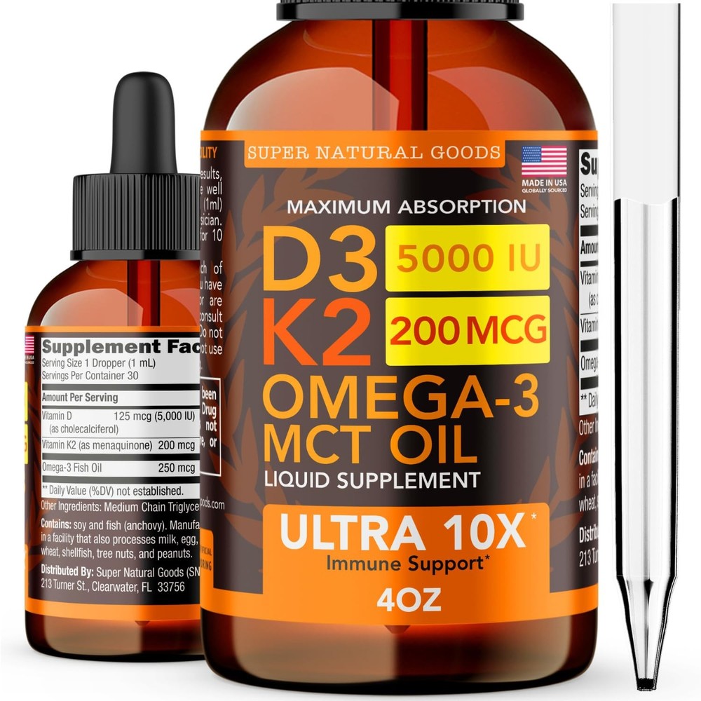 Vitamin D3 K2 Liquid Drops 5000 IU (4oz) Maximum 4 Fl Oz (Pack of 1), Red
